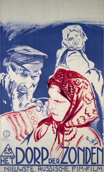 A imagem é um pôster de filme, em estilo artístico, predominantemente azul e com detalhes em vermelho e branco.  O cartaz apresenta três figuras centrais: uma jovem mulher com um lenço vermelho na cabeça, que parece triste ou pensativa, ocupando a maior parte do primeiro plano;  ao lado dela, um homem mais velho, com um chapéu e vestes simples, parece observá-la com expressão séria; e, ao fundo e um pouco desfocada, uma mulher mais velha também com um lenço na cabeça.  As roupas das três figuras sugerem um ambiente rural ou de vilarejo.  As cores são vibrantes, mas um pouco apagadas, dando uma impressão de certa melancolia.  O título do filme, em holandês, "HET DORP DER ZONDEN", que significa "A Aldeia dos Pecados", está escrito na parte inferior, indicando um tema provavelmente sombrio ou relacionado a moralidade. Há também um logo de uma produtora de filmes holandesa. O estilo de desenho é expressivo e um pouco grosseiro, menos detalhado e mais focado na emoção e composição.  A imagem evoca uma história que provavelmente envolve personagens de uma pequena comunidade, e possivelmente uma trama de conflito ou drama.