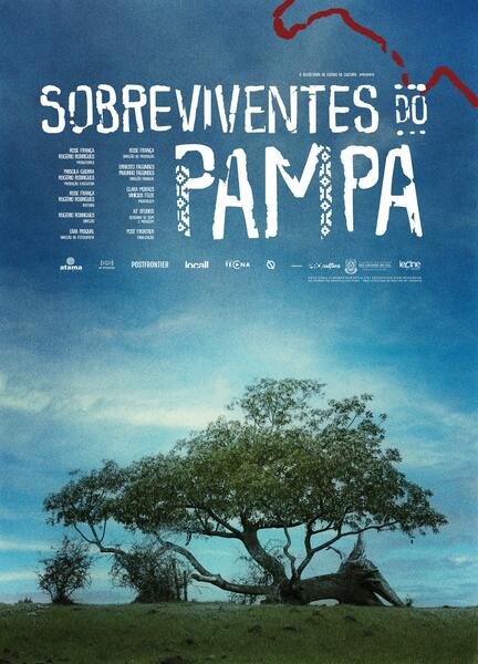 A imagem é um pôster de filme. O título, em letras grandes e estilizadas, é "SOBREVIVENTES DO PAMPA". Abaixo do título, há uma lista menor com os nomes dos atores e da equipe de produção. Na parte inferior, aparecem os logotipos de várias empresas envolvidas na produção do filme.

Na parte inferior da imagem, há uma fotografia de uma paisagem natural. Predomina um céu azul claro e uma grande árvore com galhos grossos e extensos, inclinada para a direita, como se tivesse caído parcialmente. A árvore está em um campo verde, com vegetação rasteira ao redor.  O estilo da imagem é suave, com tons pastéis, transmitindo uma sensação de tranquilidade e, possivelmente, melancolia. A combinação do título, da lista de elenco/equipe e da imagem sugere que o filme trata de uma história relacionada à natureza, possivelmente no Pampa, envolvendo sobreviventes, num tom possivelmente dramático ou contemplativo.  A localização geográfica mostrada no topo indica uma região específica.
